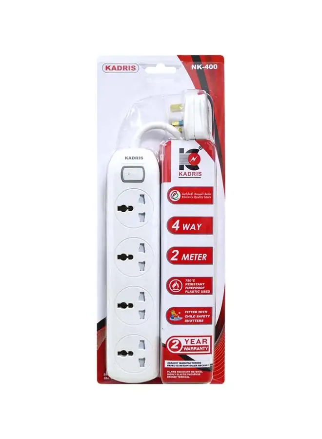 KADRIS Power Strips NK-400 Extension Cord with 4 way Outlets with switch, Charging Socket with 2 meter Heat resistant  Extension Cord (White) ESMA approved