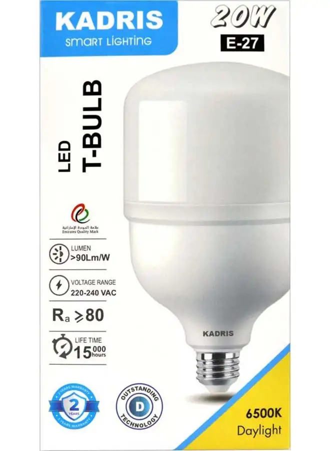 KADRIS 20W LED Screw Type Daylight(Cool white) LA-2124 6500K LED Power Saving Plastic-coated Aluminum T-Shape Lamp Bulb Light 1800Lumen AC220-240V 50-60HZ, ESMA Approved With One Year Warranty