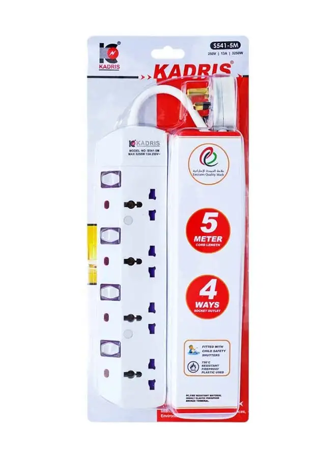 KADRIS Power Strips S541 Heavy Duty Extension Cord with 4 way Outlets with individual switch, Charging Socket with 5 meter Heat resistant  Extension Cord (White)