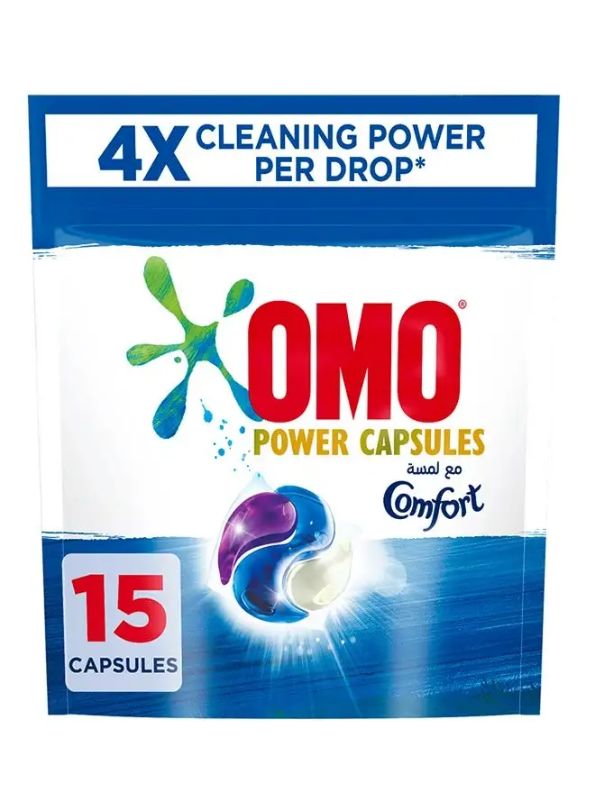 Omo 3-in-1 Power Capsules With Touch Of Comfort For 4x Cleaning Power 15 Pods Blue 390grams