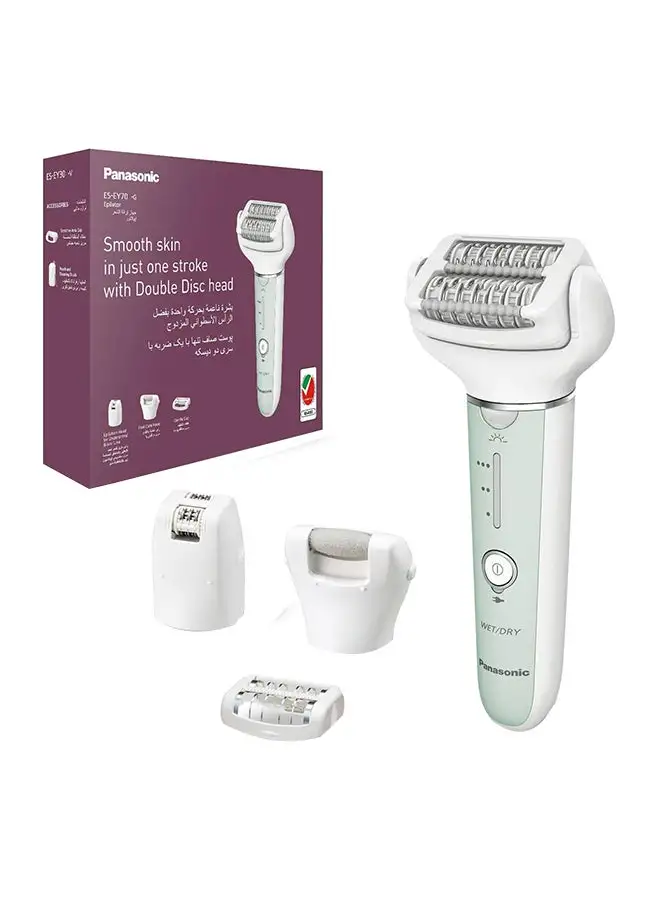 Panasonic Wet And Dry Epilator For Women, Double Disc With 60 Tweezers, Flexible 90° Pivoting Head, 3 Speed Setting And Led Light Es-Ey70 White