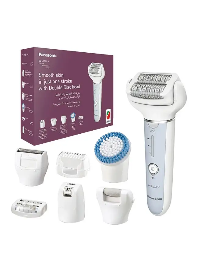 Panasonic Wet And Dry Epilator For Women, Double Disc With 60 Tweezers, Flexible 90° Pivoting Head, 3 Speed Setting And Led Light Es-Ey90 White