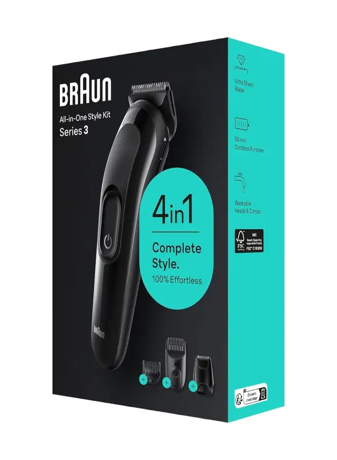 BRAUN 4-In1 Kit For Beard And Hair With 50-Min Runtime, Ultra-Sharp Blade, Washable Heads And Combs Black