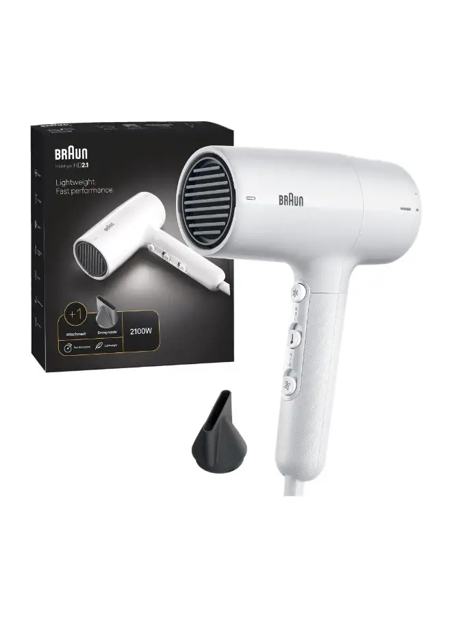 BRAUN Hair Dryer Hd2.1, 2100 Watts, Fast Performance, 2100 Watts Conc White