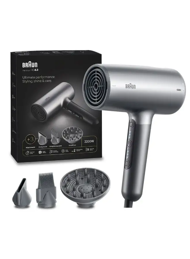 BRAUN Hair Dryer Hd4.3 Ultimate Performance, Styling, Shine And Care, Htdc Motor, 2200 Watts, Electronic Touch Control Electro Grey