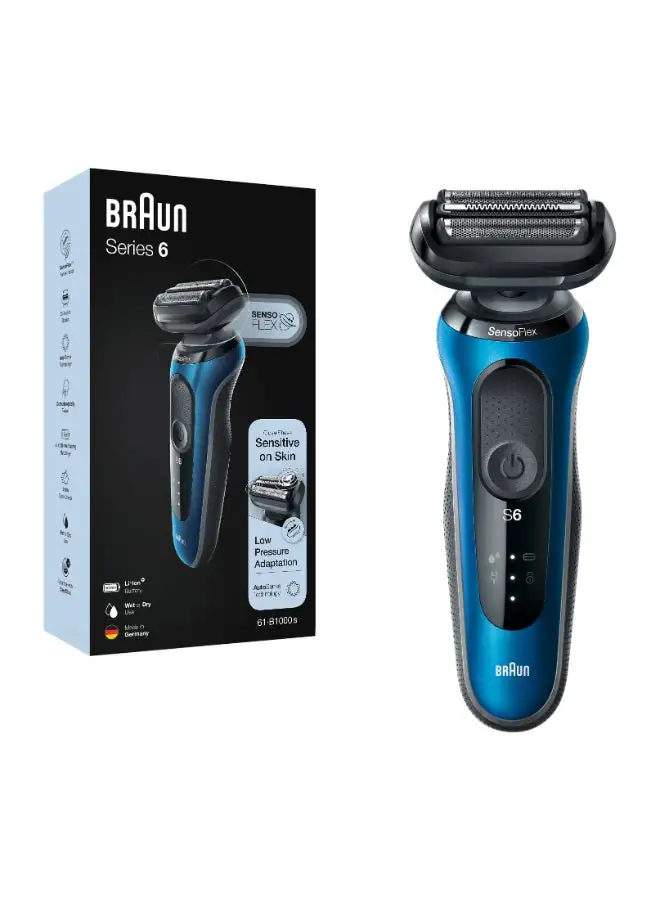 ماكينة حلاقة BRAUN Series 6 للاستخدام الرطب والجاف، لراحة البشرة ودقتها مع حقيبة سفر باللون الأزرق / الأسود