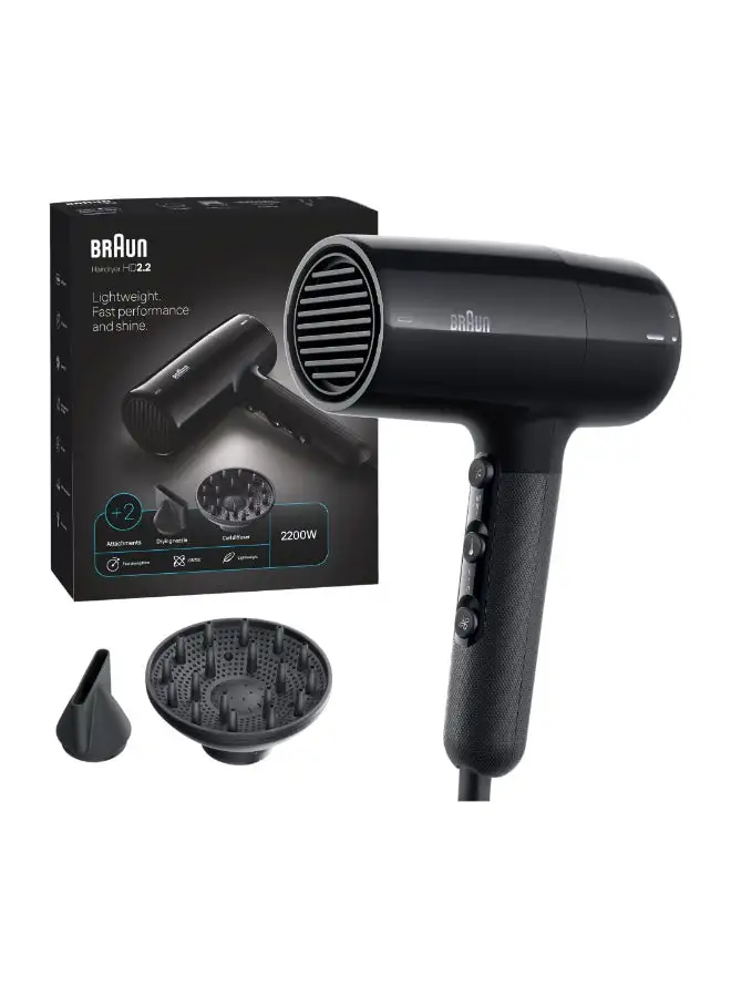 BRAUN Hair Dryer Hd2.2 Light Weight, Fast Performance And Shine, 2200 Watts, 3 Heat Mode Plus Cool Shot Ion Black