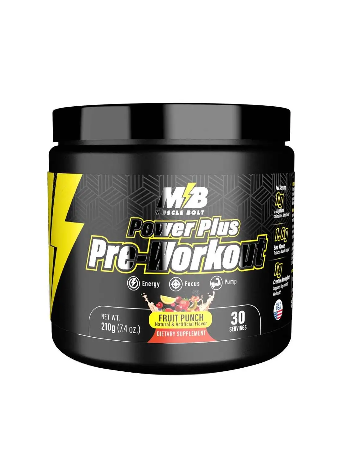 Muscle Bolt Power Plus Pre-Workout Supplement Powder With L- Arginine, Beta Alanine And Creatine Monohydrate - Fruit Punch 210g