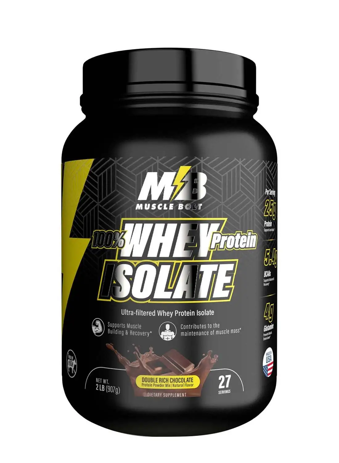 Muscle Bolt 100% Whey Protein Isolate Protein Powder Mix With BCAAs And Glutamine, Double Rich Chocolate Flavor 2lb