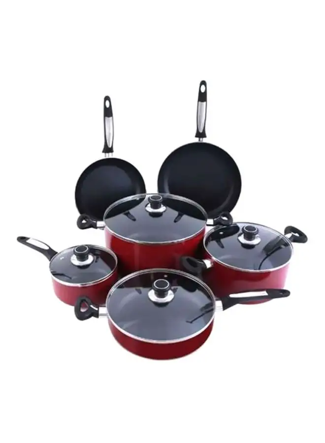 Royalford 10-Piece Almunium Cookware Set includes Casserole +Lid (30x15cm),Casserole +Lid (24x12cm),Saucepan +Lid (18x8.5cm),Deep Fry pan +Lid (26x7cm), Fry Pan(28x5.2cm),Fry Pan(24x4.5cm) Red/Black/Silver