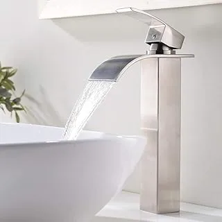 VESLA HOME Modern Wide Waterfall Spout Brushed Nickel Vessel Sink Faucet,Single Handle Tall Bathroom Faucet,Above Counter Single Hole Vanity Lavatory Faucet for Bathroom Sink