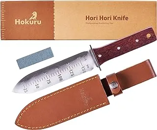 HOKURU Hori Hori Knife - Landscaping, Digging, Weeding, Cutting, Planting Gardening Tool with Leather Sheath, Stainless Steel Blade and Sharpening Stone