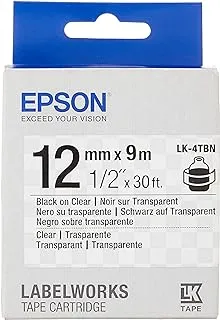 خرطوشة شريط Epson LabelWorks Clear LK (تستبدل LC) ~.5 بوصة أسود على شفاف (LK-4TBN) - للاستخدام مع طابعات الملصقات LabelWorks LW-300 وLW-400 وLW-600P وLW-700