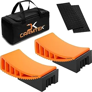 CARMTEK Camper Leveler Premium Kit | Fit Curved RV Levelers with Wheel Chocks, Rubber Mats & Carry Bag for Tight Dual Axle Trailers | Faster RV Leveling System than RV Leveling Blocks | RV Accessories