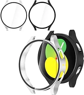 AWH Case Compatible for Watch 5 / Galaxy Watch 4 44mm with Screen Protector - Hard PC Full Protective Cover Bumper for Galaxy Watch 5/4 Accessories - 2 PACK (Black + Silver)