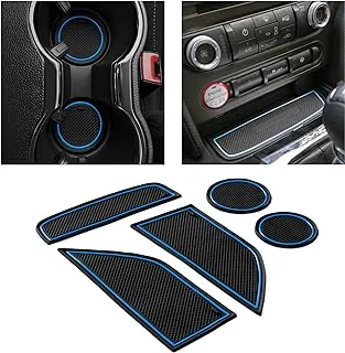 CupHolderHero for Ford Mustang Accessories 2015-2023 Premium Custom Interior Non-Slip Anti Dust Cup Holder Inserts, Center Console Liner Mats, Door Pocket Liners 5-pc Set (Blue Trim)