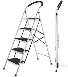 Folding Steps Ladder Domestic Light Stepladder Household Combination Multi Function Ladders Indoor Outdoor (White Steel Ladder, 5 Steps)