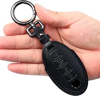 Tukellen متوافق مع غطاء مفتاح جلدي Nissan Key Fob مع سلسلة مفاتيح متوافقة مع Altima Maxima Murano Rogue Sentra 370z Pathfinder Infinity حافظة جلدية أصلية 4 أزرار مفتاح ذكي - أسود