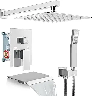 gotonovo Chrome Polised Rain Mixer Shower Faucet Set with Waterfall Tub Spout 10 inch Square Rainfall Shower Head with Handheld Spray Wall Mounted Pressure Balance Rough-in Valve and Trim Included