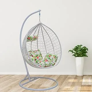 Karnak Indoor Outdoor Patio Wicker Hanging Chair Swing Egg Basket Chairs with Stand UV Resistant Cushions 120kg Capacity for Patio Backyard Balcony (White)