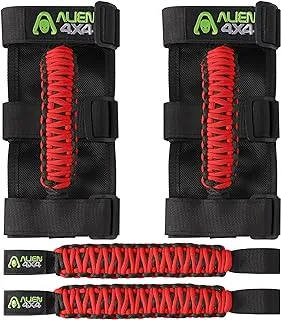 Alien Sunshade Jeep Grab Handles 4 Pack- 2 Premium Paracord Jeep Wrangler Grab Handles & 2 Backseat Grab Handles – Easy to Install & Fits Jeep Wrangler Roll Bars JT JL JLU JK JKU TJ YJ LJ (Red)