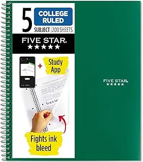 Five Star Spiral Notebook + Study App, 5 Subject, College Ruled Paper, Fights Ink Bleed, Water Resistant Cover, 21.6 cm x 27.9 cm, 200 Sheets, Green (72079)