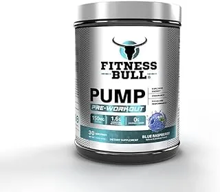 Fitness Bull Pump Pre Workout I Explosive Energy Blend I Support Endurance, Focus & Performance I 150 Grams Caffeine I Zero Sugar & Calories I Blue Raspberry Flavour I 225 Grams (30 Servings)