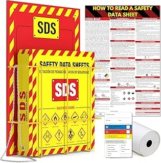 SDS Wall Station - 3 Inch 4 Ring Material Safety Data Sheet Binder with SDS Wire Rack and Display Sign, Chain, Mounting Hardware, SDS Poster, MSDS Labels - Bilingual Heavy Duty OSHA Yellow Binder