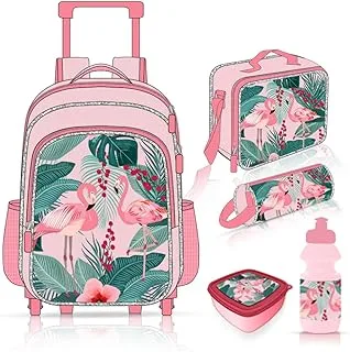 Eazy Kids 17Inch Set of 5 Trolley School Bag with Lunch Bag, Pencil Case, Lunch Box and Water Bottle Tropical - Pink