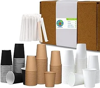 Terraspoon 150 Assorted Daily Use 8 Oz Paper cups [50 White - 50 Black - 50 Brown] With 25 Pcs Individually Wrapped Wooden Stirrers, for Hot and Cold Drinks,Eco-Friendly,100% Recyclable - Box Pack