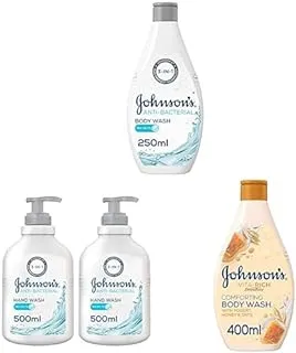 Johnson's Body Wash, Anti-Bacterial, Sea Salts, 250ml + Johnson's Hand Wash, Anti-Bacterial, Sea Salts, 500ml + Johnson's Vita Rich Smoothies Yoghurt, Honey & Oats Comforting Shower Gel, 400ml