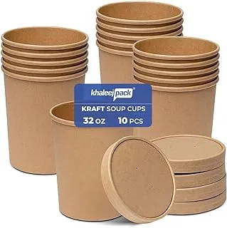 32oz | 1,000ml kraft Soup Bowl with Vented lids [10 Sets],100% Eco-friendly & Biodegradable, Leak-proof Heavy Duty Serving Bowls for Hot/Cold Food, To Go Hot Soup Bowls