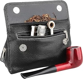 Genuine Leather Smoking Tobacco Pipe Pouch Case Bag for 2 Pipes Tamper Filter Tool Cleaner Preserve Freshness (Black)