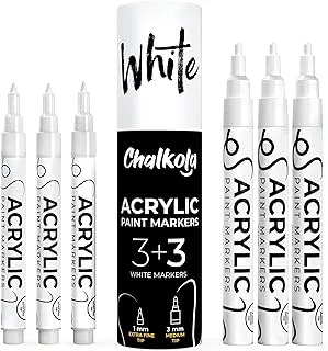 Chalkola White Acrylic Paint pens (6 Pack) for Rock Painting, Stone, Ceramic, Glass, Wood, Canvas | Variety Pack - Extra Fine (1mm) & Medium Tip (3mm) - Water Based Paint Markers