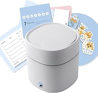 Sheebo Modern Plastic Mini Trash Can with Lid - Wastebasket for Bathroom Vanity, Desktop, Tabletop or Coffee Table - Dispose of Cotton Rounds, Makeup Sponges, Tissues; 2 Liter (Square Press - White)