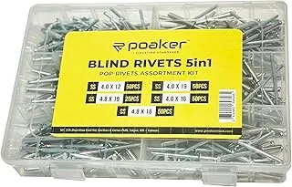 Poaker 225pcs 5 Size Aluminum Body Stainless Steel Mandrel Dome Head Blind Rivets Set For Metal Sheet, Automotive, Railway, And Duct Work | Thick Shaft Rivets Set