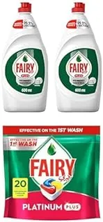 Fairy Plus Original Dishwashing Liquid Soap With Alternative Power To Bleach, 2 X 600 Ml + Fairy Platinum Plus Automatic Dishwasher Tablets, Lemon Scent, 20 Capsules