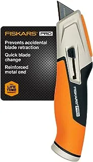 Fiskars Pro Retractable Utility Knife - Box Cutter with CarbonMax Blade and Easy Hinge Open with Blade Storage - Orange/Black