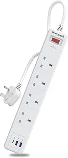 هانيويل 4 Out Out Surge Protector مع مفتاح رئيسي، Spike Guard / لوحة تمديد، 4 منافذ، PD20W و 2xUSB، 471 جول، سلك 1.8 متر، DSW، حماية تلقائية من التحميل الزائد، ضمان 3 سنوات من الشركة المصنعة