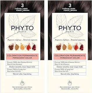 مجموعة ألوان الشعر الدائمة Phyto Phytocolor 3 باللون البني الداكن مع أصباغ نباتية، خالية من الأمونيا - عبوة من قطعتين