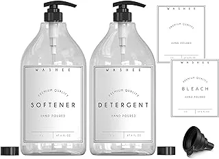 Liquid Laundry Detergent Dispenser Set - Laundry Detergent Holder & Softener Dispenser (67.6 oz) - 2 Thick Plastic Liquid Dispensers for Laundry Organization with Pumps, Caps, Labels - WASHEE