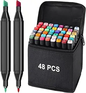 shopobox Dual Tip Art Markers 48 Colours with Carrying Case for Painting Sketching Calligraphy Drawing - Twin Head Permanent Coloring, Sketching, and Drawing with Marker Case Beginners Art Lovers