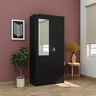 RIGID Steel Home Cupboard with Clothes-Hanging Space Shelving and Front Door Mirror (Black)