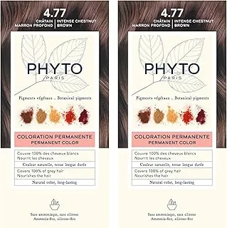 مجموعة ألوان الشعر الدائمة Phyto Phytocolor 4.77 باللون البني الكستنائي المكثف مع أصباغ نباتية، خالية من الأمونيا - عبوة من قطعتين