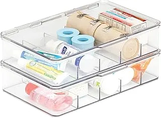 mDesign Plastic Divided First Aid Storage Box Kit with Hinge Lid for Bathroom, Cabinet, Closet - Organize Medicine, Ointments, Adhesive Bandages - 5 Sections, Ligne Collection, 2 Pack - Clear