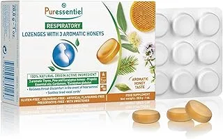 معينات الجهاز التنفسي Puressentiel مع 3 عسل عطري | محمل بعسل الزعتر والصنوبر والأوكالبتوس | يخفف من إزعاج الحلق | طعم العسل العطري | 18 قرص معين | 28.8 جرام