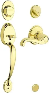 Schlage Plymouth Handleset w Flair Interior Lever Right Hand in Bright Brass - Dummy Style - F93 PLY 505 FLA RH (Bright Brass) - 496305