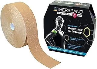 شريط علم الحركة TheraBand، شريط طبيعي مقاوم للماء لتخفيف الألم، ودعم العضلات والمفاصل، لفة قياسية مع مؤشرات تطبيق XactStretch، 2 بوصة × 103.3 قدم، لفة كبيرة الحجم، بيج/بيج