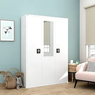 RIGID 3 Door Home Cupboard with Clothes-Hanging Space Organizer Shelves, Key Lockable Door and Front Mirror (White)