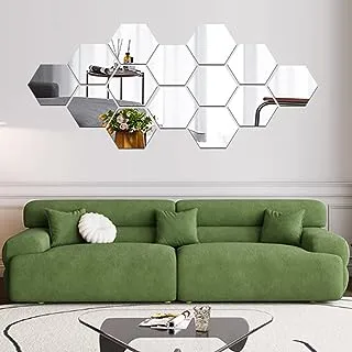 BPA® Mirror Wall Stickers, 12PCS Hexagon Mirror Art DIY Home Decorative Hexagonal Acrylic Wall Sheet Plastic Tiles Home Living Room Bedroom Sofa TV Background Wall Decal Decoration (Silver)